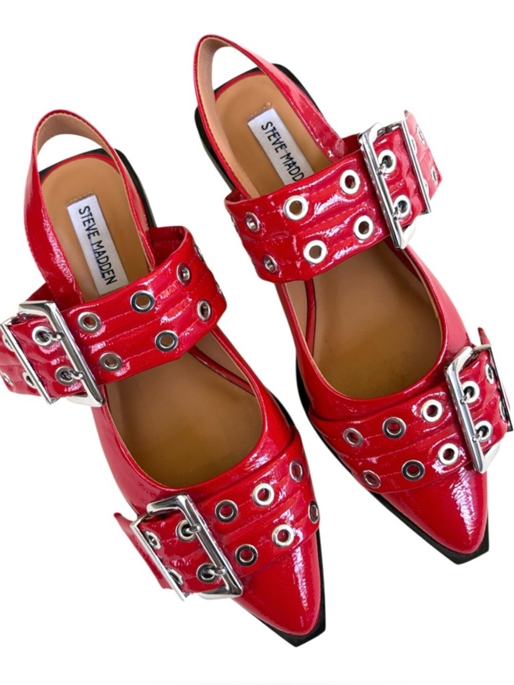 EUC Steve Madden Graya Slingback Grommet Flats Red Silver Size 7.5 Retail $120 - Picture 2 of 9